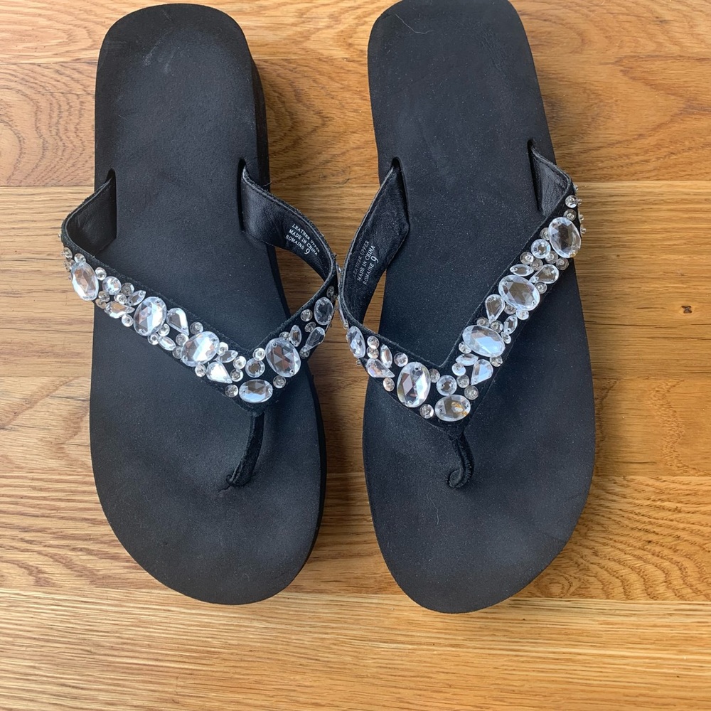 Yellow Box Black Sandals with Crystal Accents
